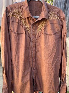CooFandy Western Shirt Men Embroidered Yoke Cowboy Smile Pockets Button Down